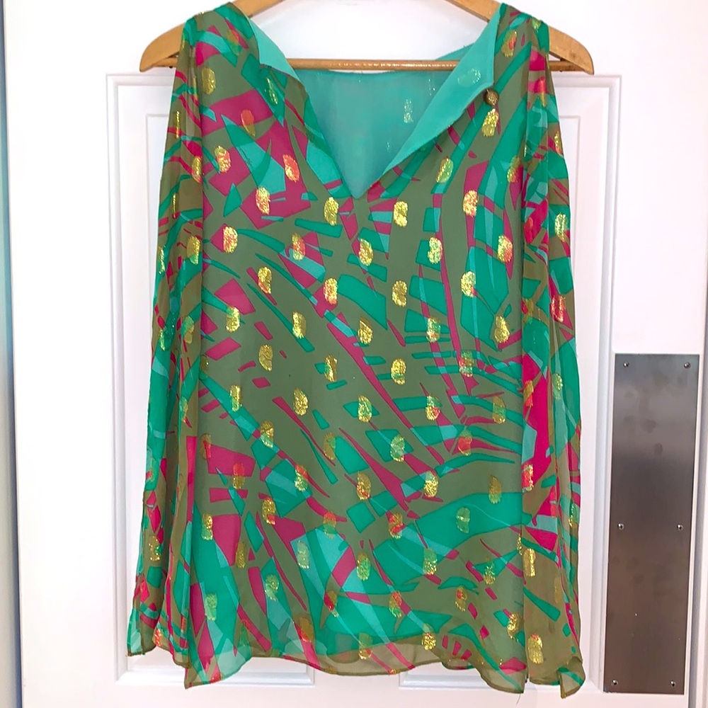 Milly New York Blouse Resort Silk Tropical Green Pink Gold Womens Size 6 - Picture 5 of 16